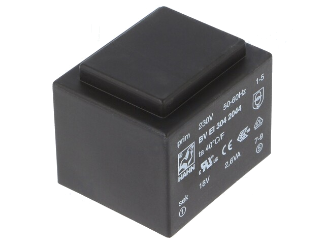 Transformator: ingegoten; 2,6VA; 230VAC; 18V; 145mA; PCB; BVEI Transformator: ingegoten; 2,6VA; 230VAC; 18V; 145mA; PCB; BVEI